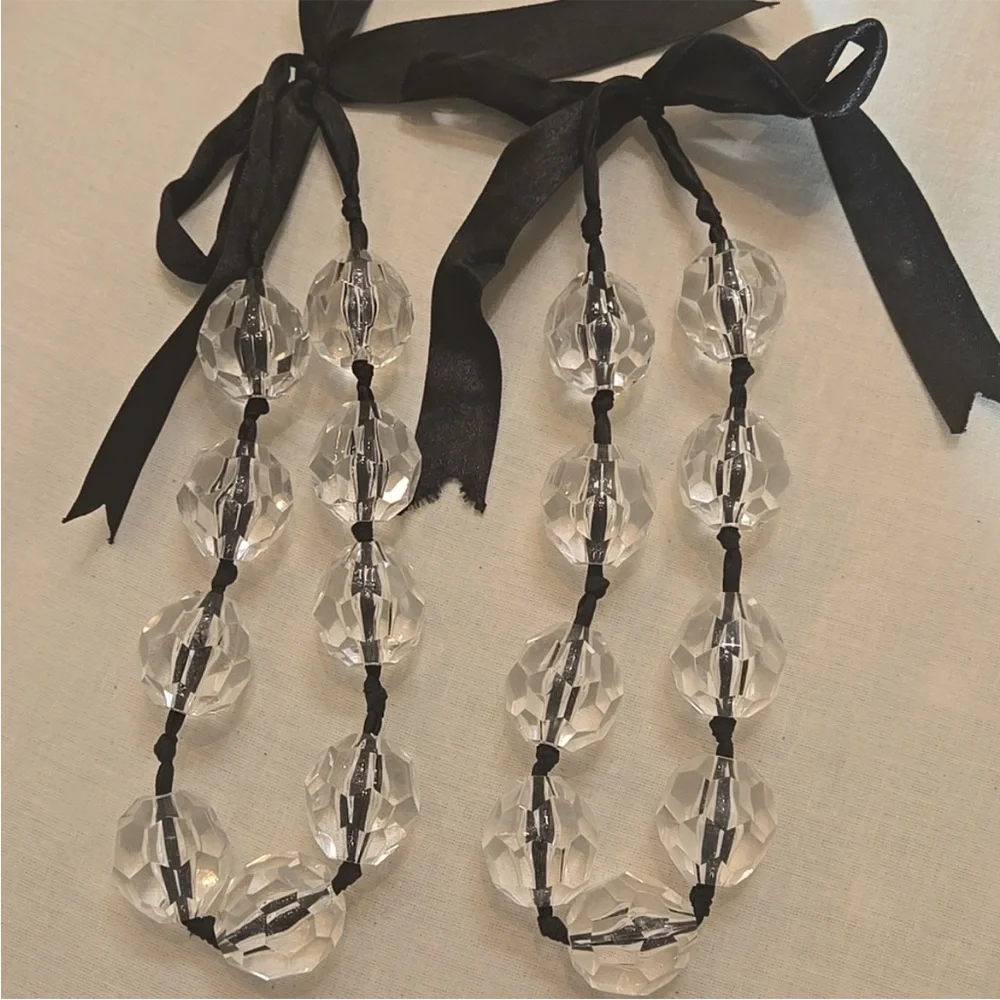 Clear Crystal Bead Necklace with Black Ribbon Tie